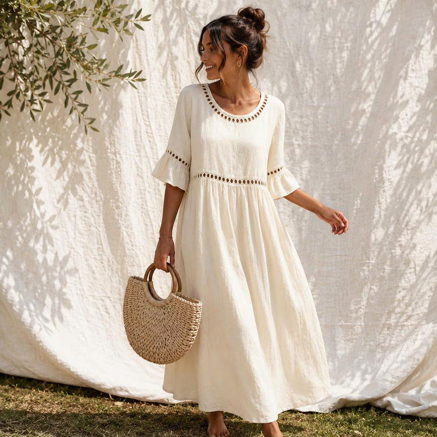 Raeven - Lightweight Midi Dress with Lace Cut-Out Details and Flutter Sleeves