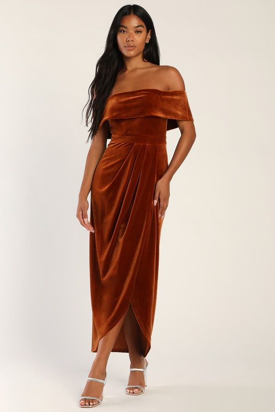 I'm Enchanted Rust Orange Velvet Off The Shoulder Maxi Dress