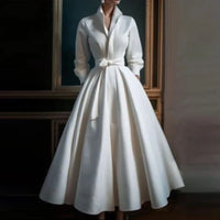 Isabella | Womens Long Sleeve V Neck A Line Midi Dress White