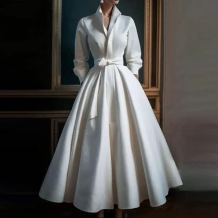 Isabella | Womens Long Sleeve V Neck A Line Midi Dress White