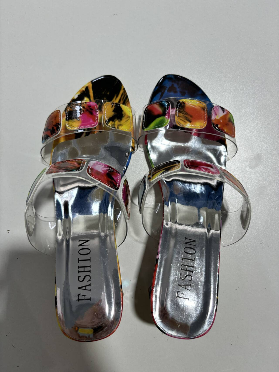 Olivia | Slide Sandals Multi-Strap Gemstone Block Heel Open Toe Multicolor