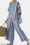 Cressida – Elegant Pastel Mauve Top and Striped Linen Trousers