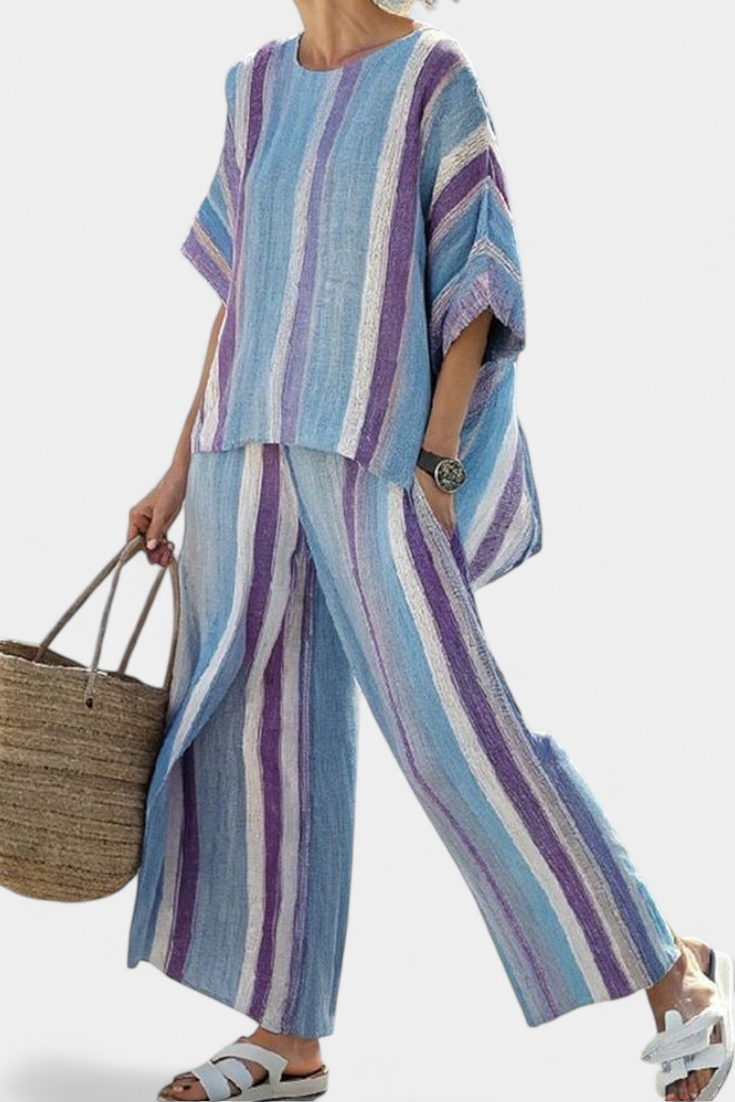 Cressida – Elegant Pastel Mauve Top and Striped Linen Trousers