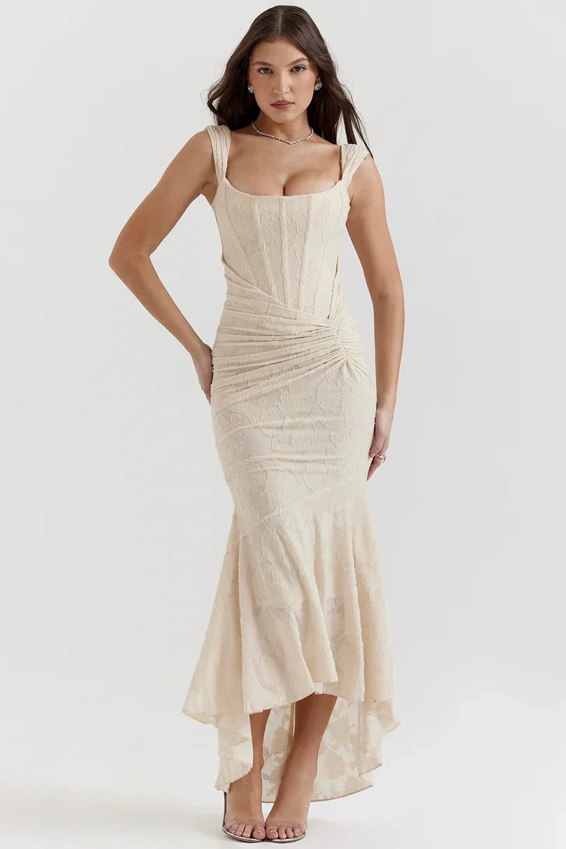 NUMIDA | SQUARE NECK CORSET MAXI DRESS Beige