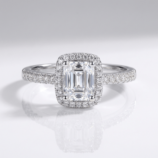 EMERALD CUT ZIRCONIA SILVER HALO RING