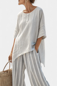 Lavinia – Elegant Asymmetric Blouse and Striped Trousers