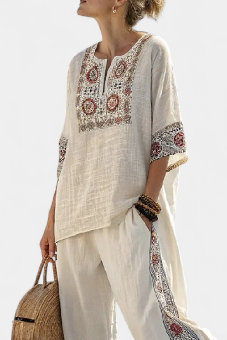 Tabitha – Essential Embroidered Blouse and Wide-Leg Trousers