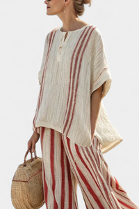Matilda – Structured Red Striped Top and Linen Trousers