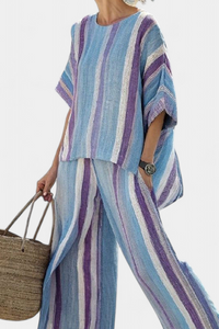 Cressida – Elegant Pastel Mauve Top and Striped Linen Trousers