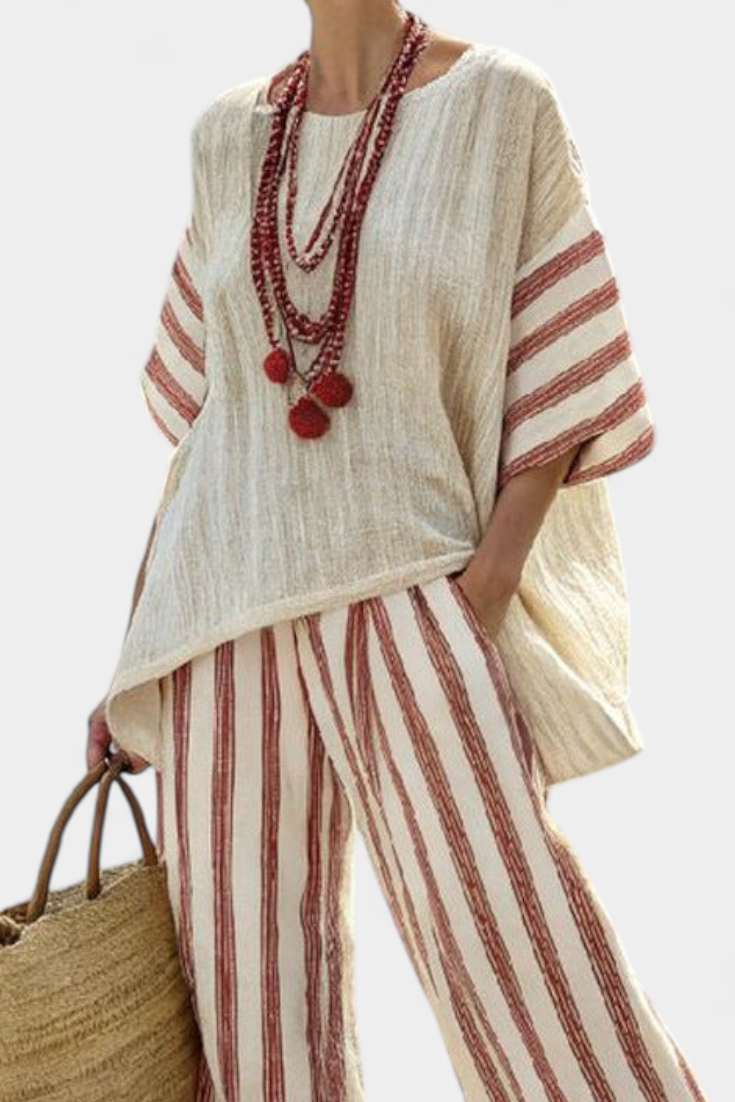 Sabrina – Elegant Rustic Striped Top and Cream Linen Trousers