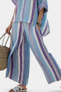 Cressida – Elegant Pastel Mauve Top and Striped Linen Trousers