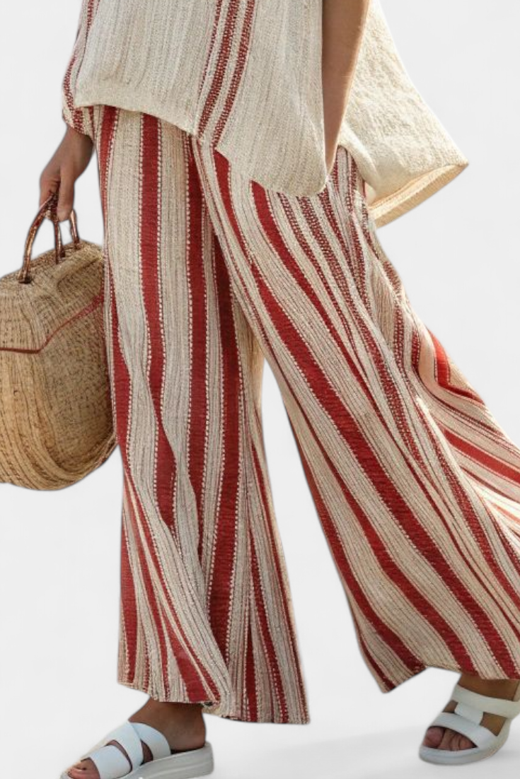 Matilda – Structured Red Striped Top and Linen Trousers