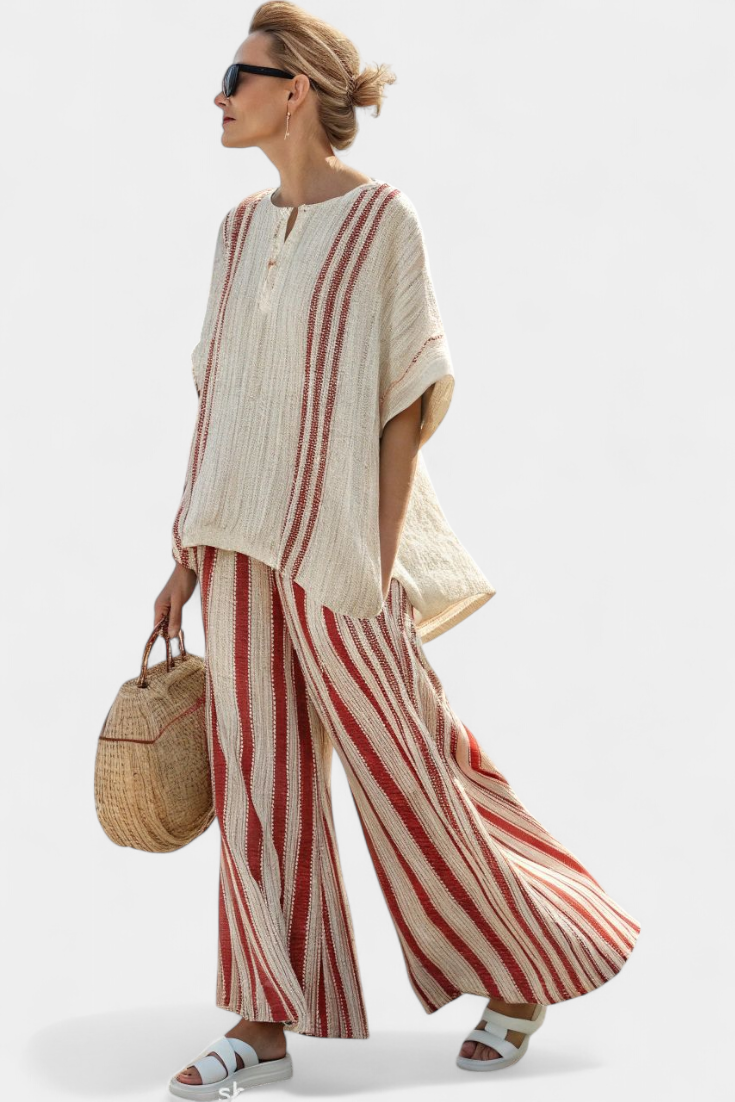 Matilda – Structured Red Striped Top and Linen Trousers