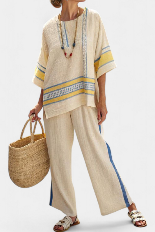 Miranda – Yellow Top and Linen Trousers