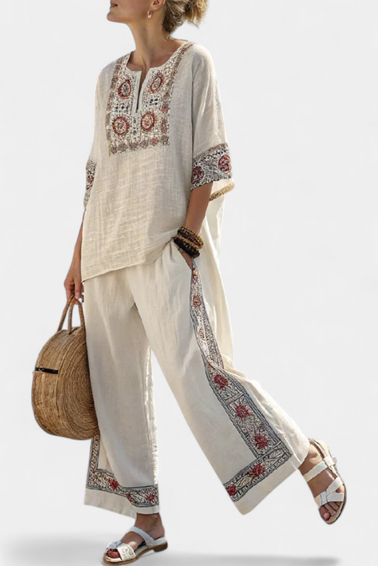 Tameric | Sophisticated Embroidered Raw Blouse & Wide Pants Floral