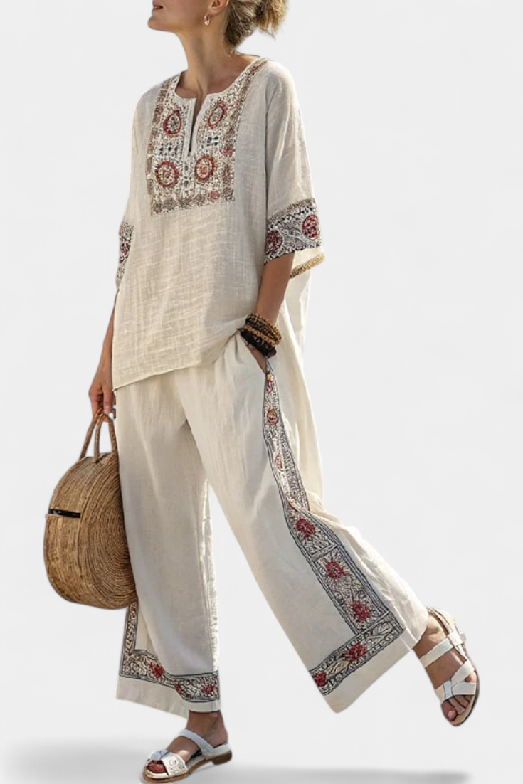 Tameric | Sophisticated Embroidered Raw Blouse & Wide Pants Floral