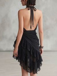 Hallie - Black Halter Neck Lace Ruffled Mini Dress