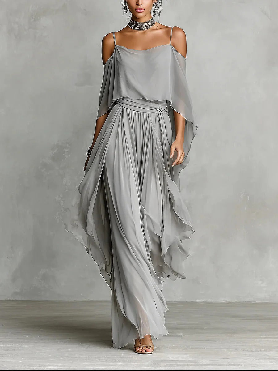 Bella - Off-Shoulder Chiffon Top & Flowy Trouser Set