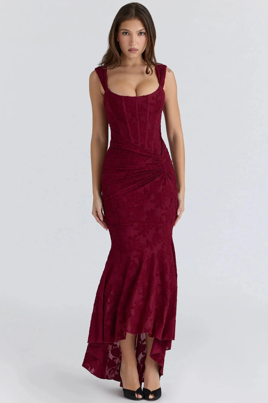 NUMIDA | SQUARE NECK CORSET MAXI DRESS Red