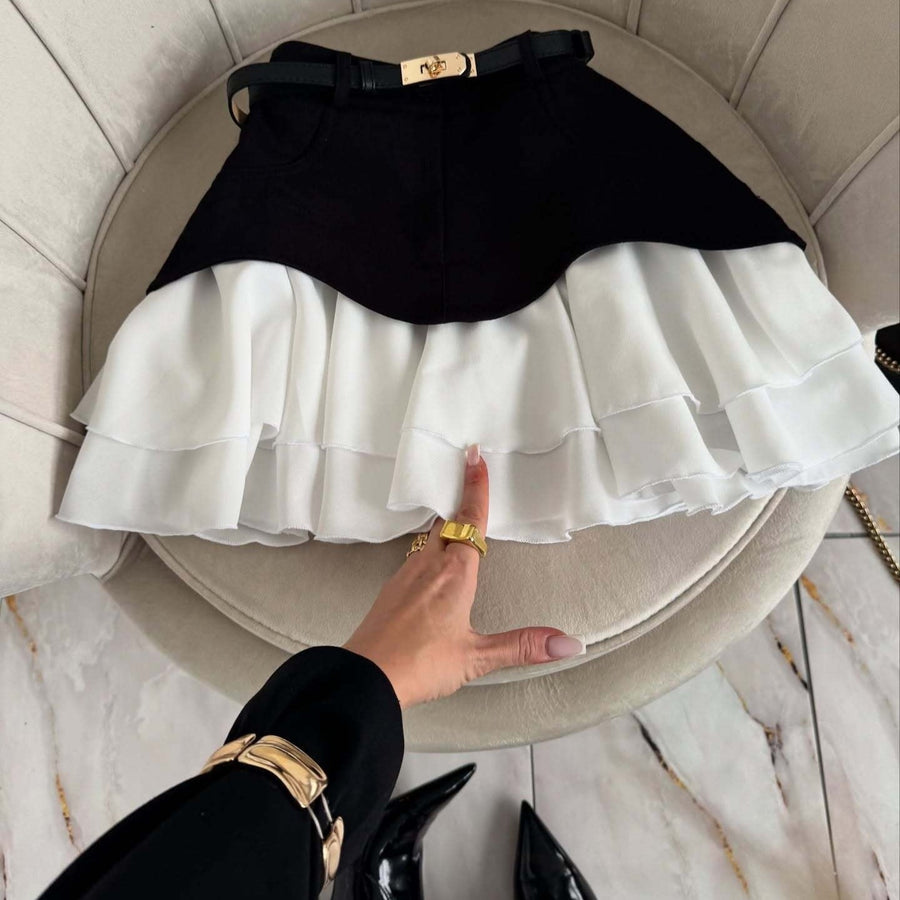 Yvette Layered Denim Ruffle Mini Skirt