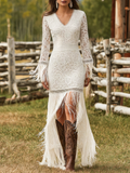 Imogen | Women's V-Neck Long Sleeve Fringe Maxi Dress