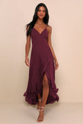 In Love Forever Plum Lace Up High Low Maxi Dress
