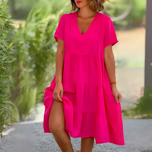 Indira | Women's V Neck Short Sleeve Midi Dress
