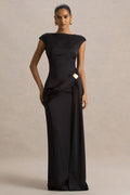 Influence Black Satin Slashed Neck Maxi Dress With Embellished Detai