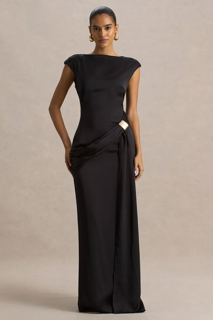 Influence Black Satin Slashed Neck Maxi Dress With Embellished Detai