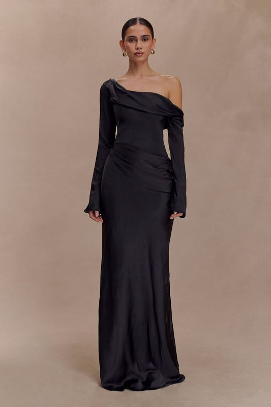 Iris Long Sleeve Satin Maxi Dress Black