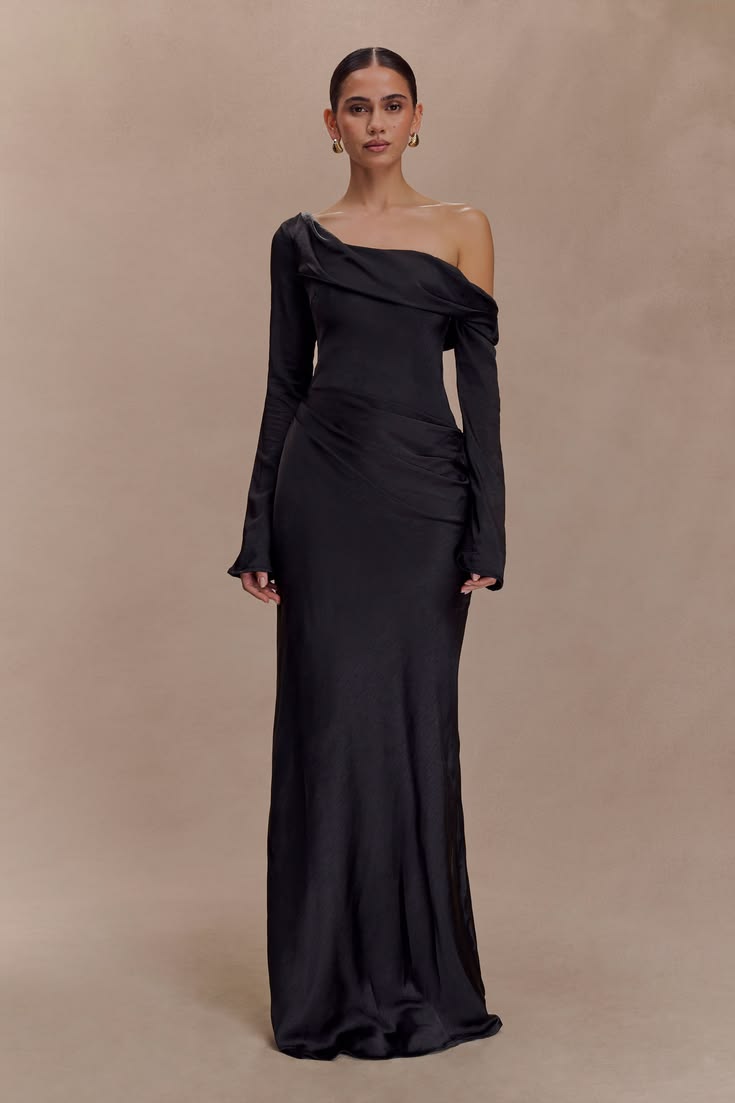 Iris Long Sleeve Satin Maxi Dress Black