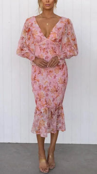 Isabetta | Women's Floral V-Neck Long Sleeve Midi Dress