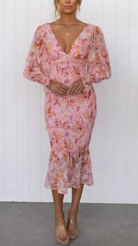 Isabetta | Women's Floral V-Neck Long Sleeve Midi Dress