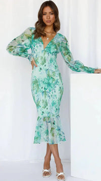 Isabetta | Women's Floral V-Neck Long Sleeve Midi Dress
