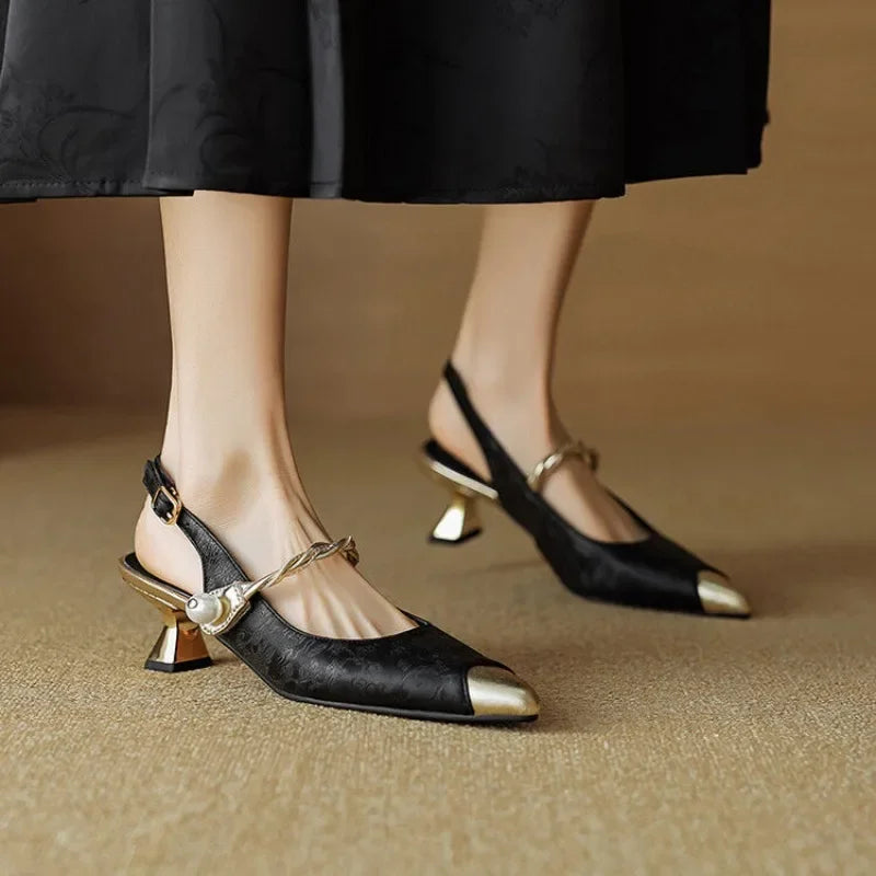Isolda | Women's Pearl Strap Slingback Kitten Heel Pumps
