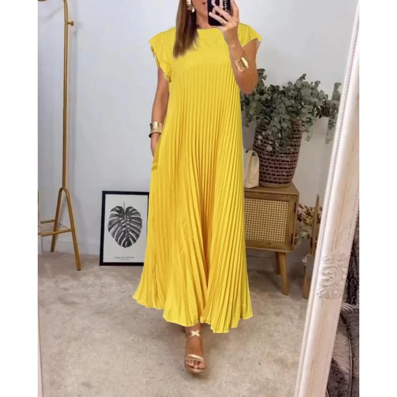 Isolde | Women's Pleated Short Sleeve Maxi Dress