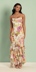 Ivory Floral Print Chiffon Drape Front Ruffle High Low Dress