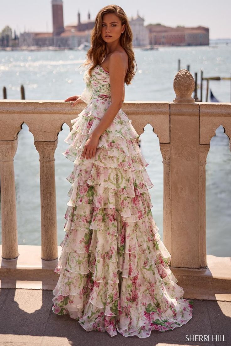 Ivory Print Prom Dress 57614 Ivory Green Pink Print