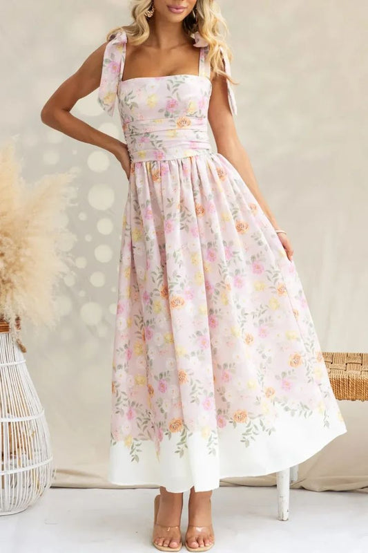 Ivory Printed Tie Shoulder Midi Cami Dress