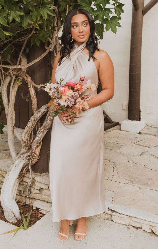 Jasmine Halter Midi Dress ~ Champagne Luxe Satin