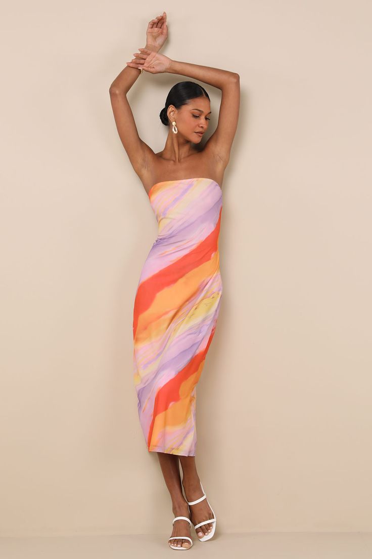 Jaylah Lavender Multi Mesh Strapless Midi Dress