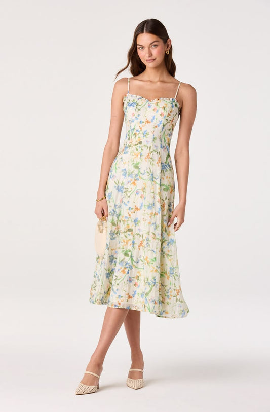 Jaylynn Ruffle Sweetheart Linen Midi Dress Size L Ivory Blue Floral