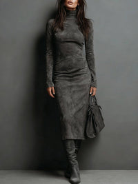 Sienna – Midi Suede Dress with High Neck & Long Sleeves
