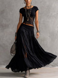Dawn - Black Sheer Lace-Paneled Top and Pleated Maxi Skirt Set