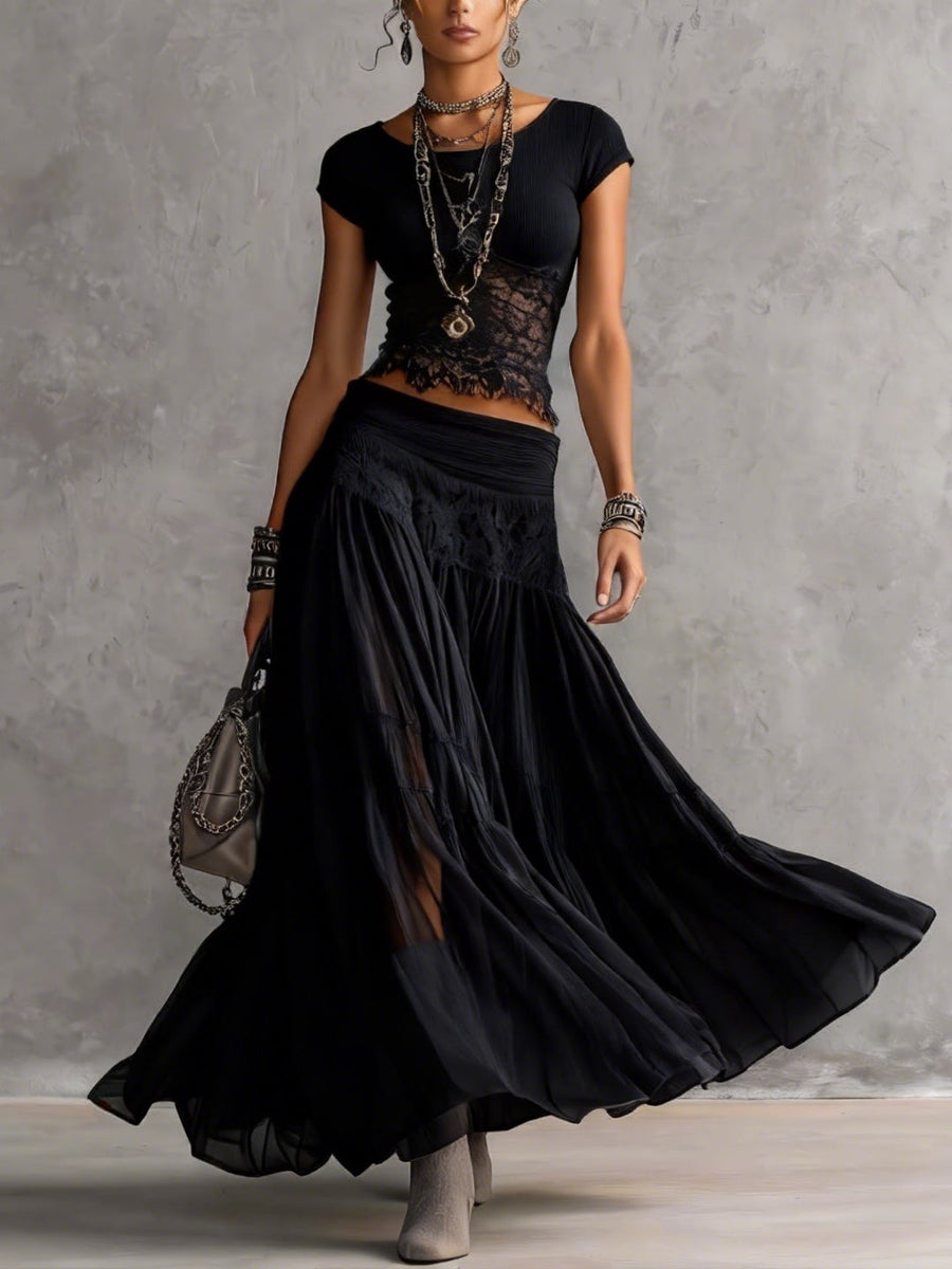 Dawn - Black Sheer Lace-Paneled Top and Pleated Maxi Skirt Set
