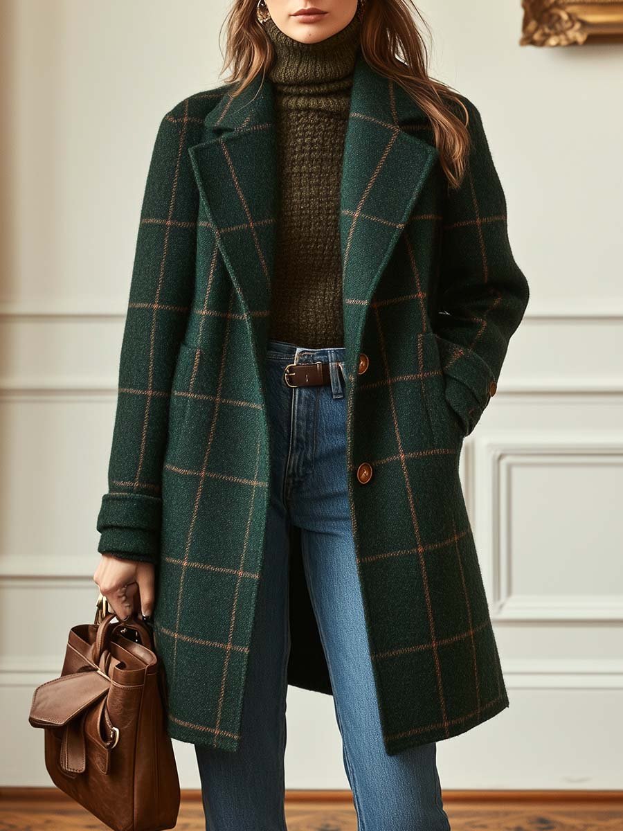 Women's Retro Lapel Plaid Tweed Coat Dark Green