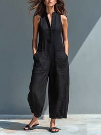 Chloe | Jumpsuit Linen Blend Stand Collar Button-Up Sleeveless Black