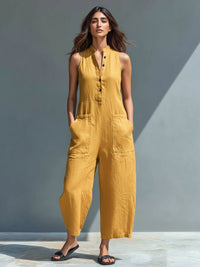 Chloe | Jumpsuit Linen Blend Stand Collar Button-Up Sleeveless Yellow
