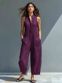 Chloe | Jumpsuit Linen Blend Stand Collar Button-Up Sleeveless Purple
