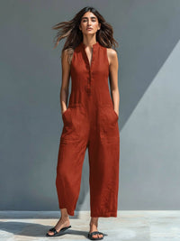 Chloe | Jumpsuit Linen Blend Stand Collar Button-Up Sleeveless Rust Red